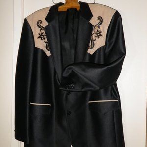 Mens Western Shiny Black With Embroidered Tan Suede Look Yokes & Matching Slacks